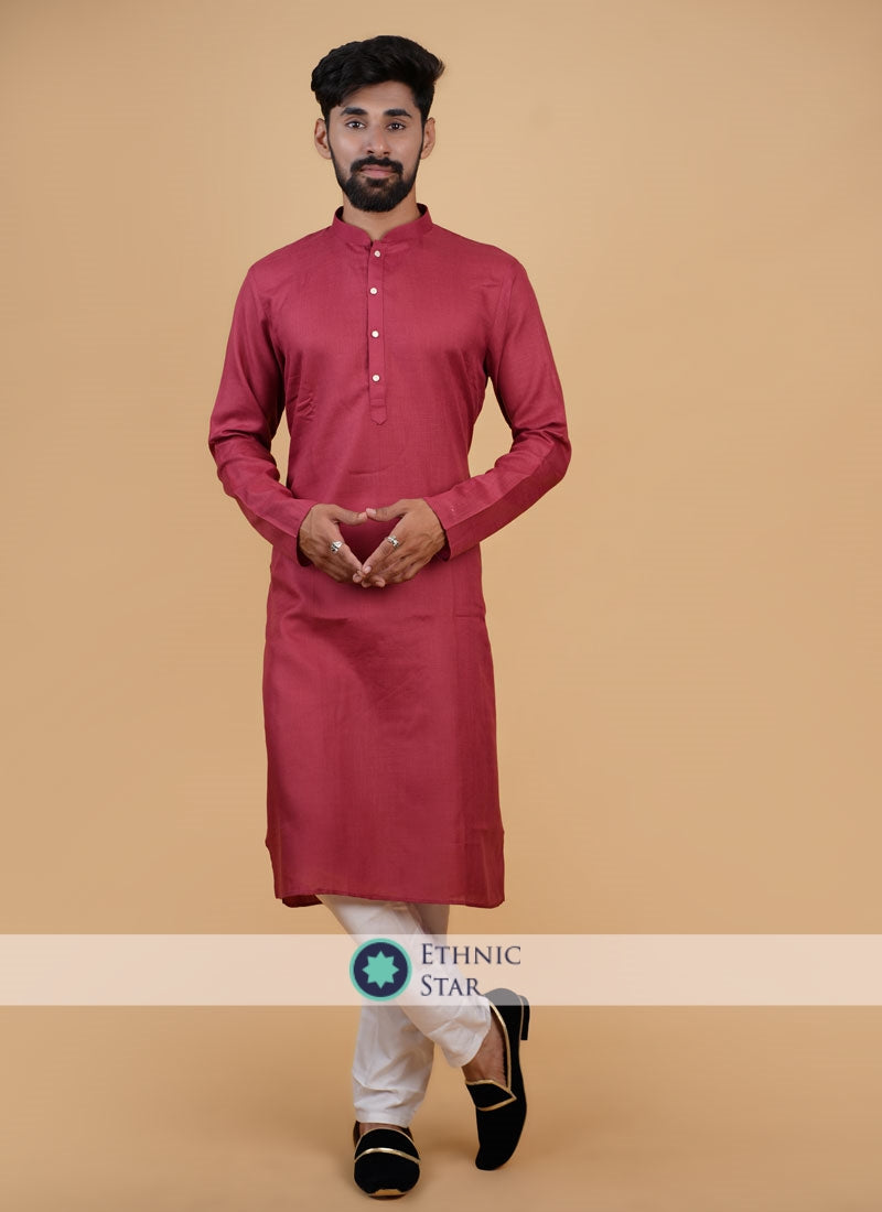 Classy Red Mens Kurta Pajama In Cotton