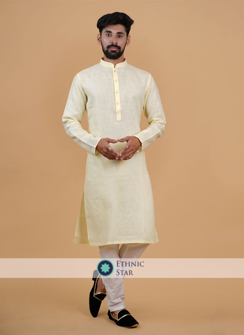 Lemon Yellow Colour Kurta Pajama In Cotton