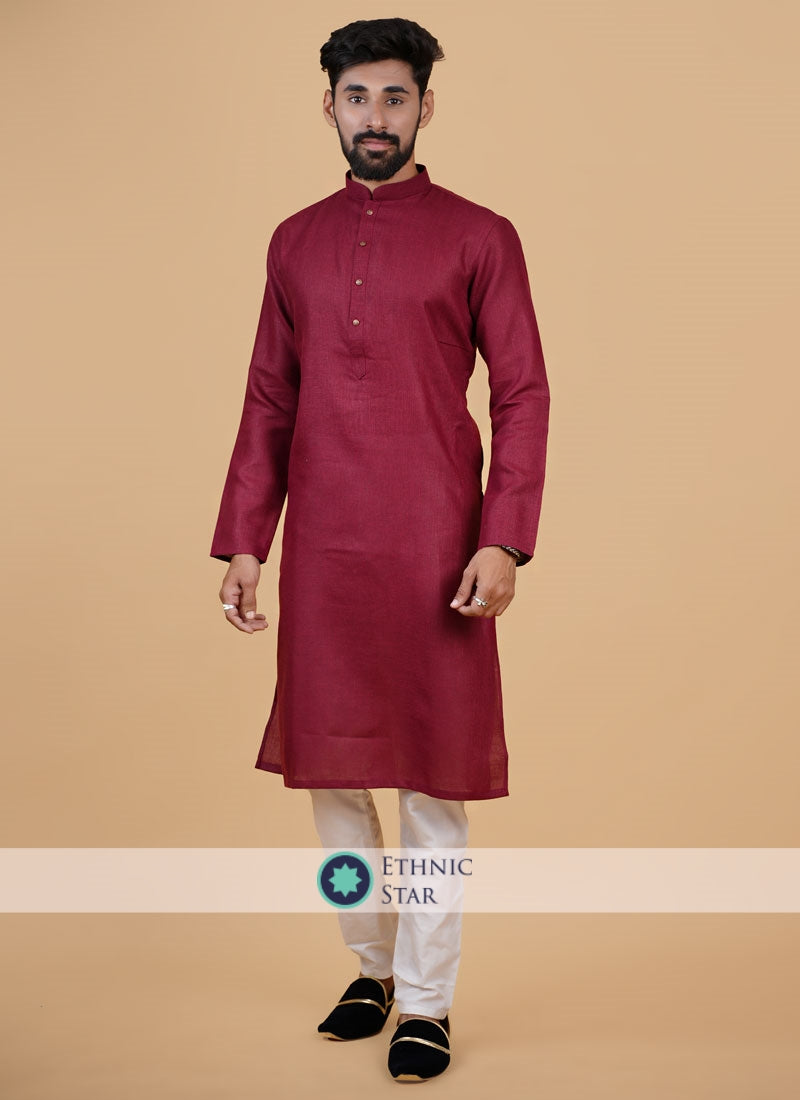 Festive Wear Maroon Kurta Pajama In Cotton