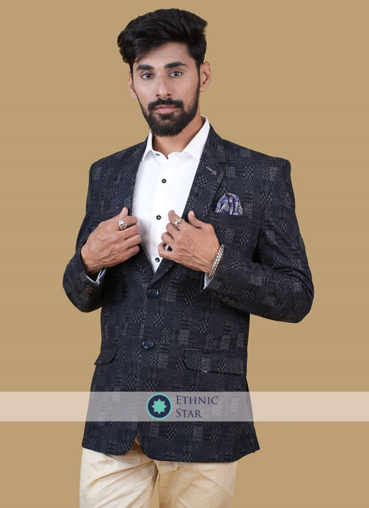 Festive Wear Blue Check Printed Blazer For Men