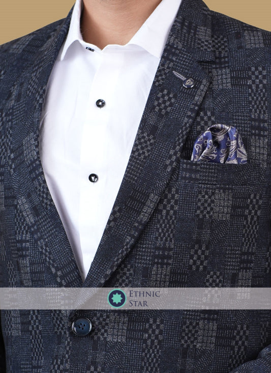 Festive Wear Blue Check Printed Blazer For Men