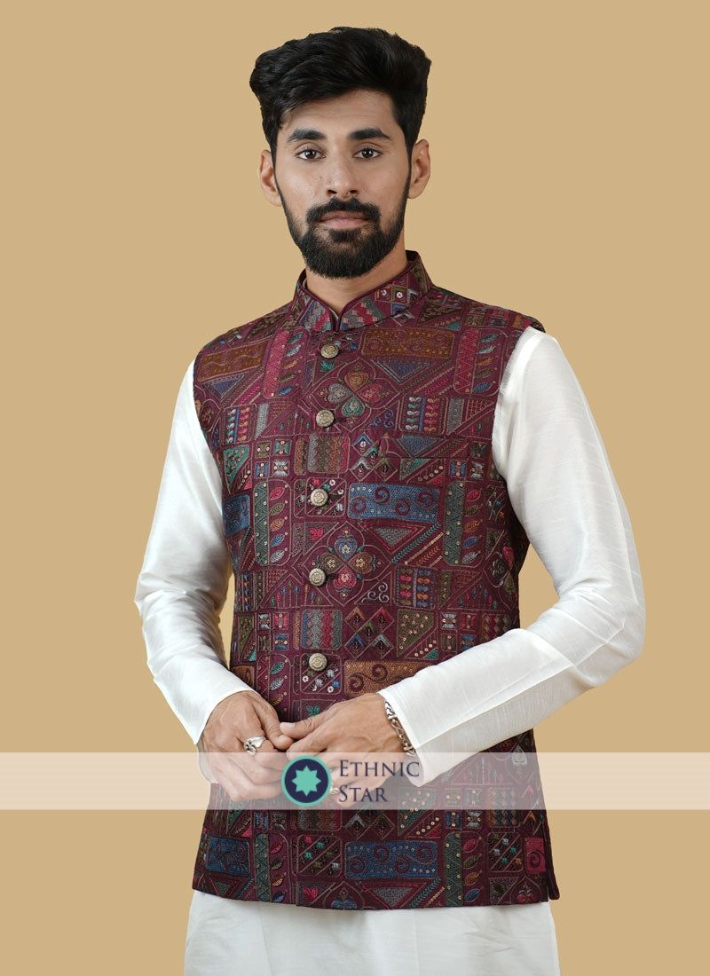 Silk Maroon Mens Wear Nehru Jacket