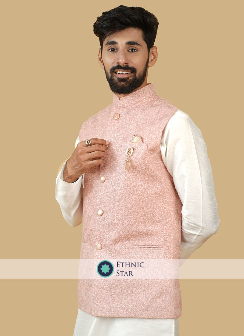 Silk Fabric Pink Nehru Jacket For Wedding