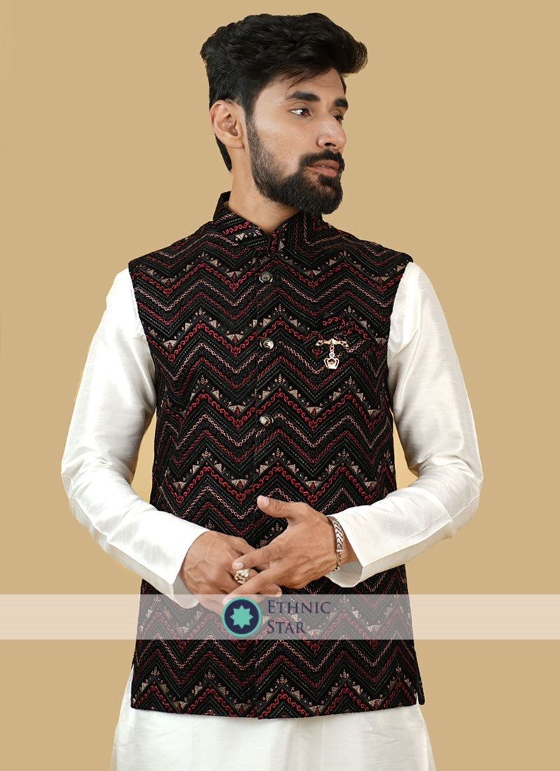 Embroidered Black Velvet Nehru Jacket