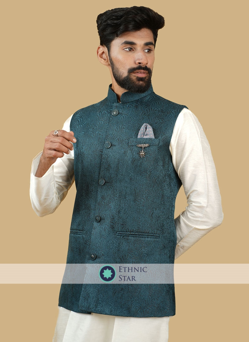 Silk Jacquard Work Nehru Jacket In Rama Green