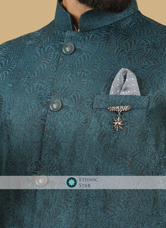 Silk Jacquard Work Nehru Jacket In Rama Green