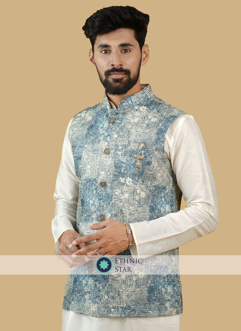 Silk Blue Readymade Nehru Jacket