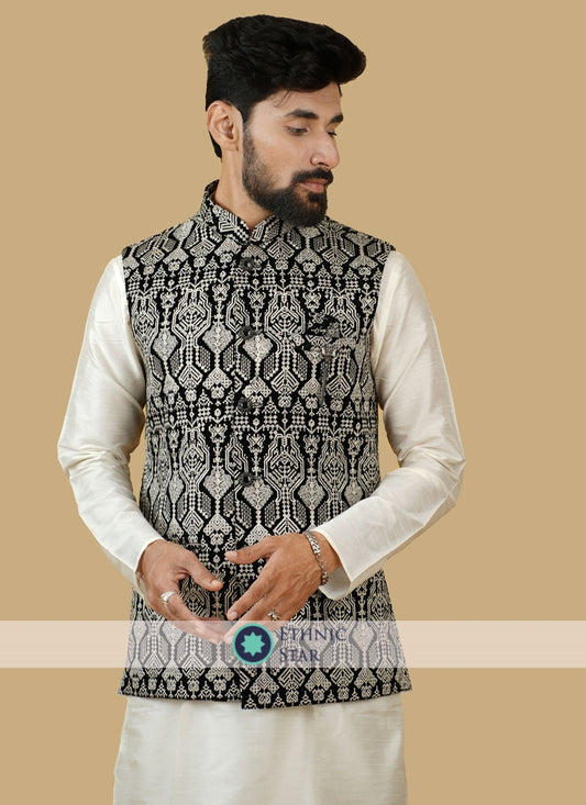 Velvet Black Thread Work Nehru Jacket