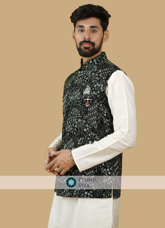 Velvet Floral Work Traditional Nehru Jacket