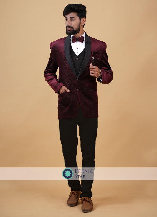 Maroon Party Wear Tuxedo Set In Imported Fabric