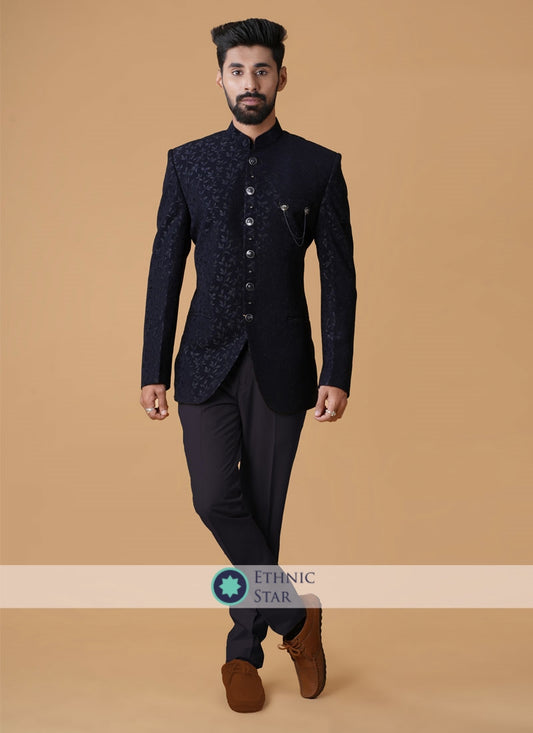 Navy Blue Thread Embroidered Imported Jodhpuri Suit