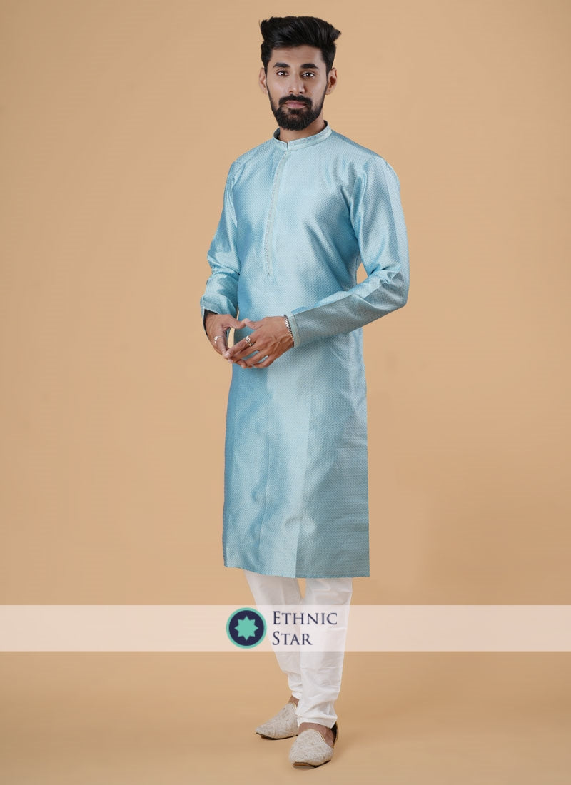 Sky Blue Silk Kurta Pajama For Wedding