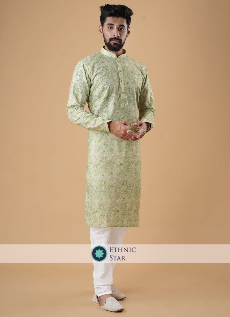 Lucknowi Work Kurta Pajama In Pista Green