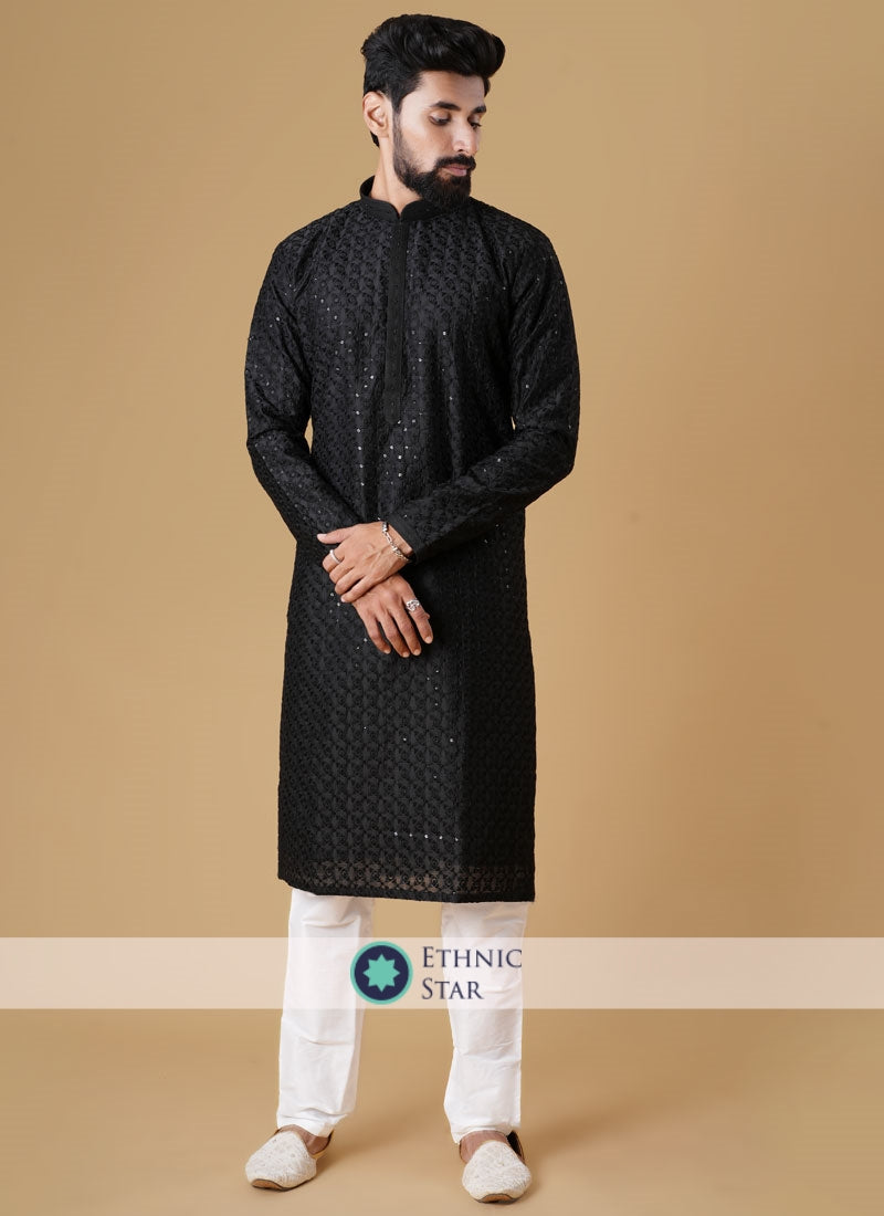 Festive Wear Black Kurta Pajama In Georgette