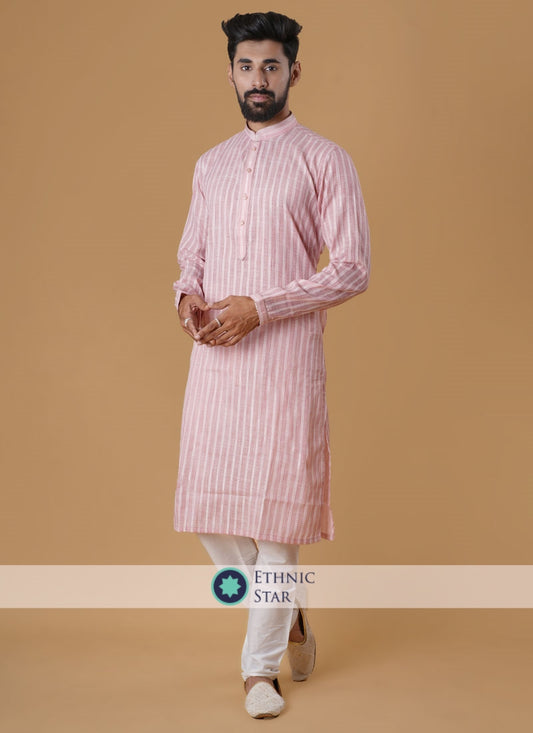 Pink And Off White Cotton Silk Kurta Pajama