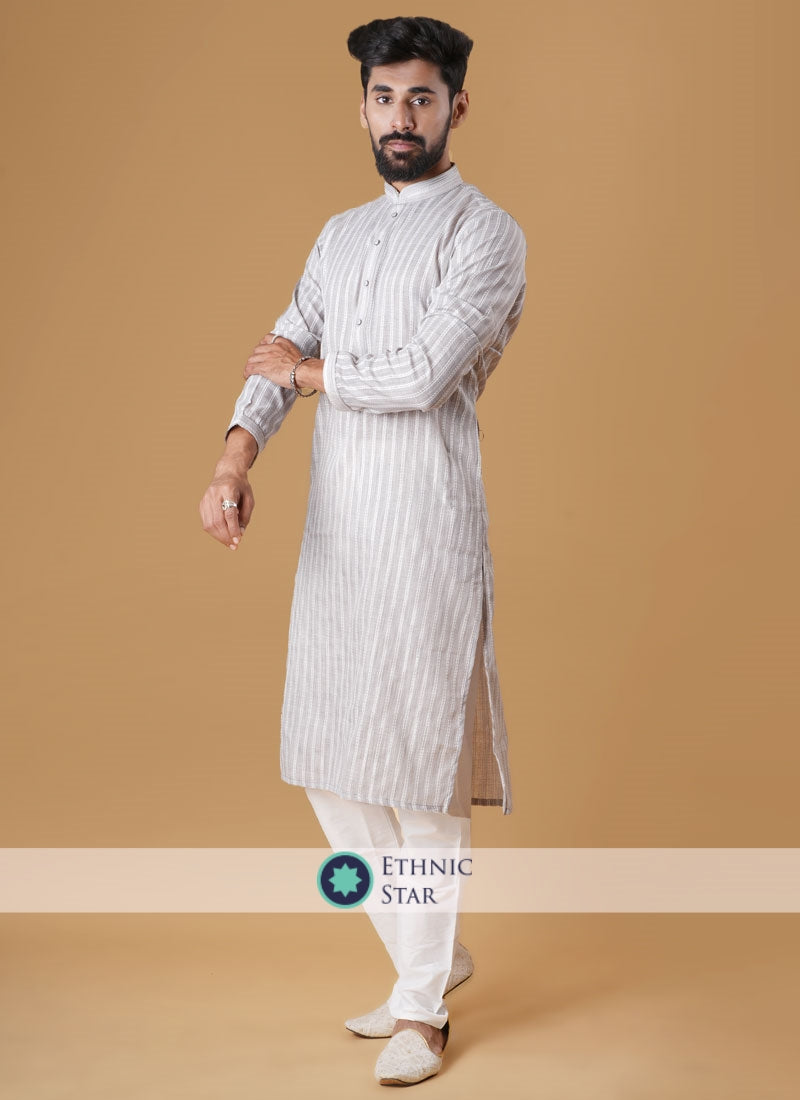 Grey And Off White Thread Work Kurta Pajama