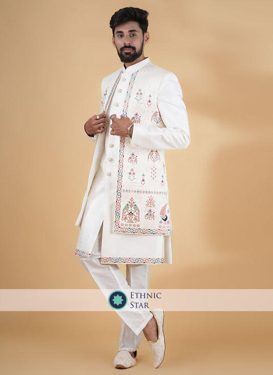 Cream Jacket Style Embroidered Indowestern Set