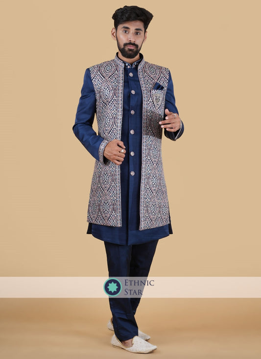 Blue Jacket Style Indowestern Set For Groom