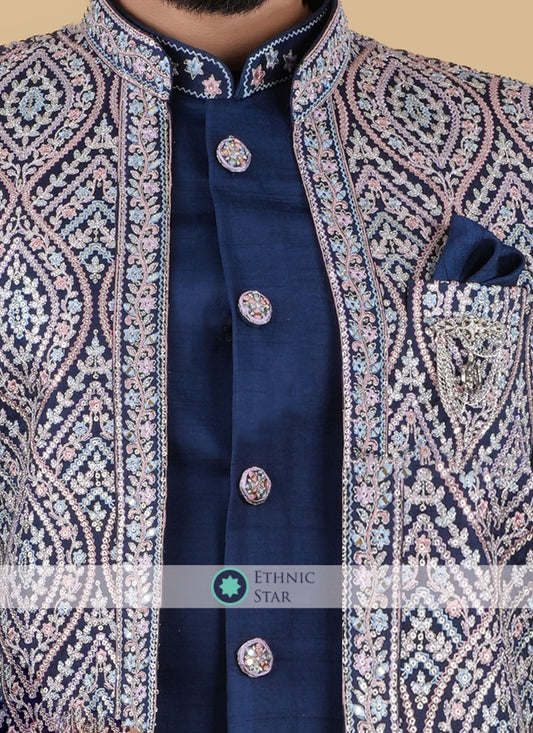 Blue Jacket Style Indowestern Set For Groom