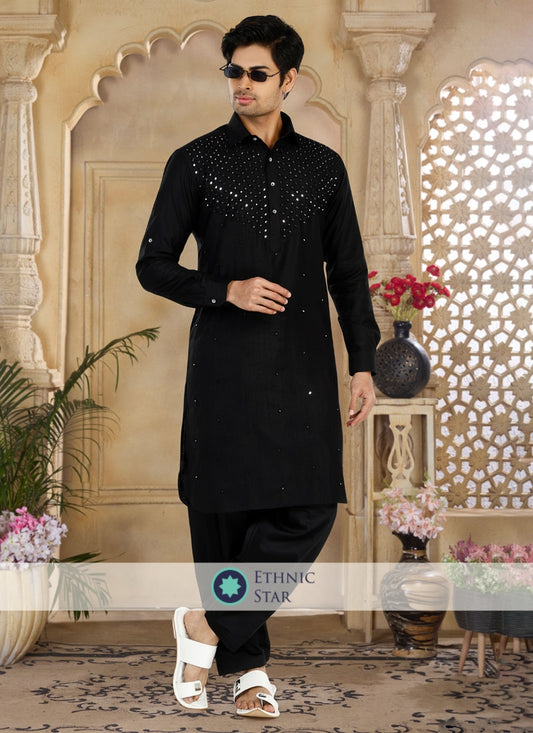 Festive Wear Black Mirror Embroidered Pathani Kurta Pajama