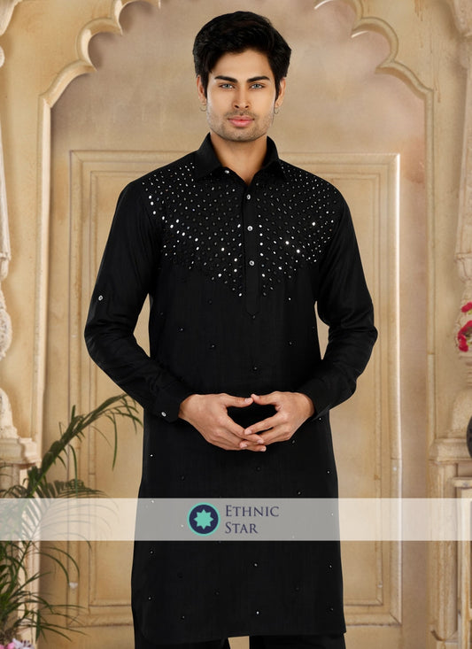 Festive Wear Black Mirror Embroidered Pathani Kurta Pajama