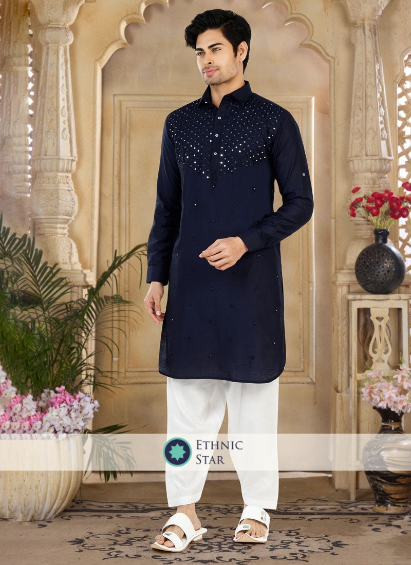 Navy Blue Pathani Kurta Set With Mirror Embroidered