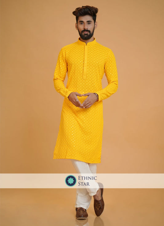 Readymade Yellow Thread Embroidered Kurta Pajama