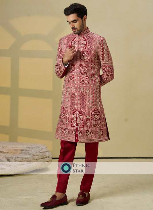 Velvet Heavy Embroidered Red Sherwani