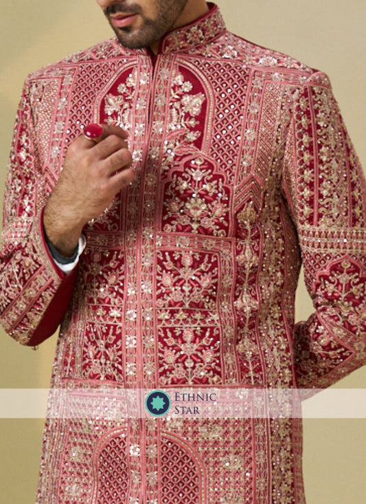 Velvet Heavy Embroidered Red Sherwani