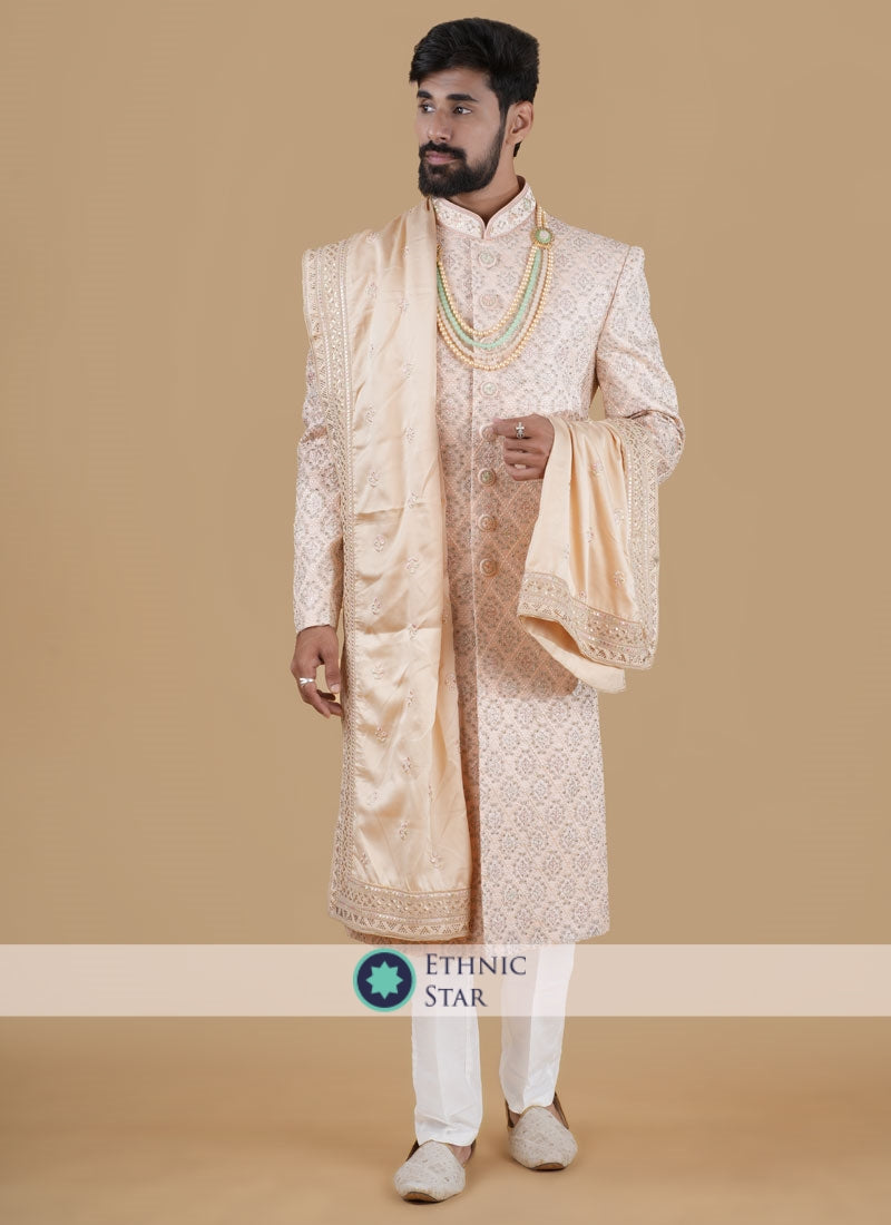 Pink Thread Embroidered Sherwani Set In Silk