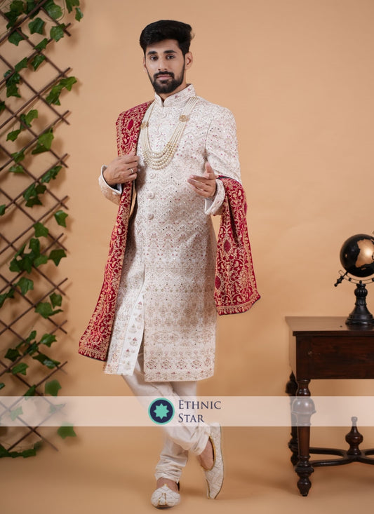 Off White Wedding Wear Silk Embroidered Sherwani