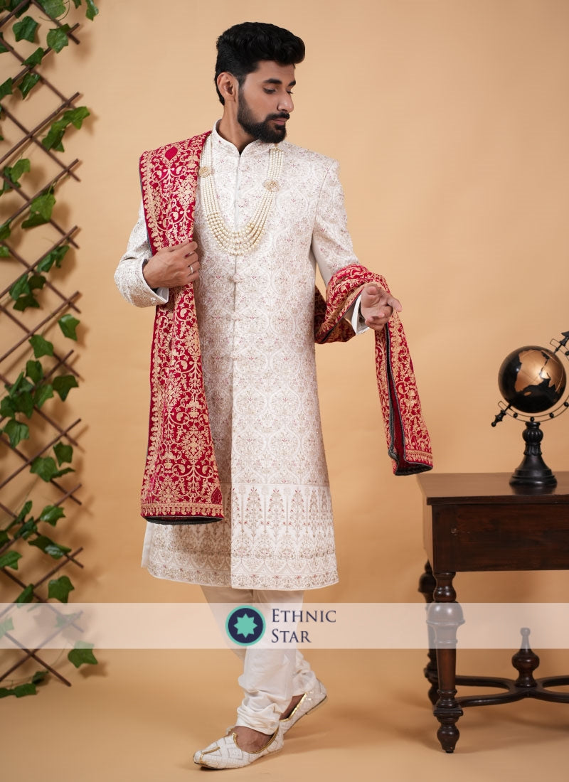 Wedding Wear Groom Embroidered Off White Sherwani