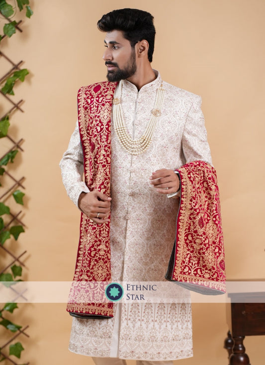 Wedding Wear Groom Embroidered Off White Sherwani