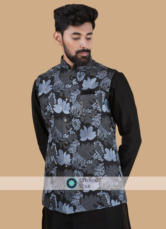 Festive Wear Black Nehru Jacket Set In Silk