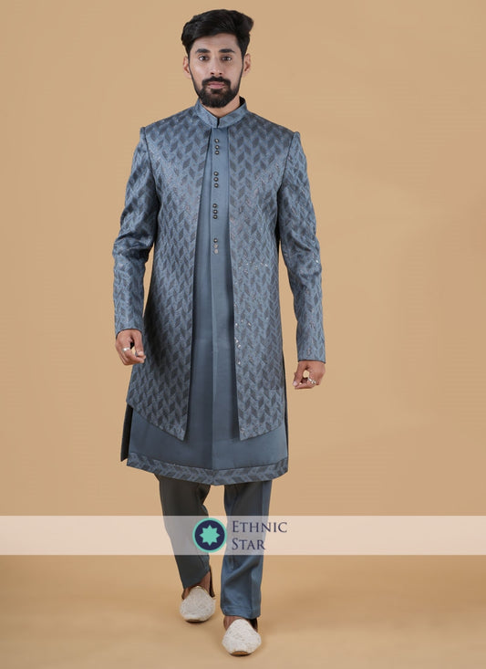 Grey Jacket Style Indowestern Set For Groom