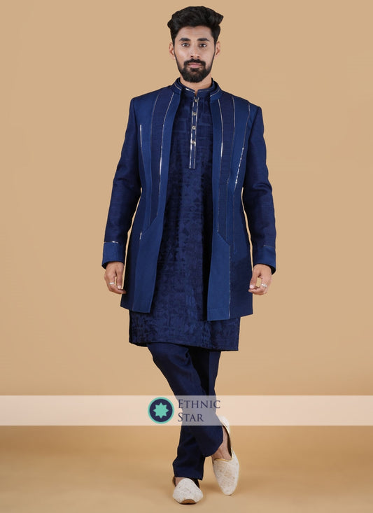 Wedding Wear Blue Jacket Style Indowestern Set