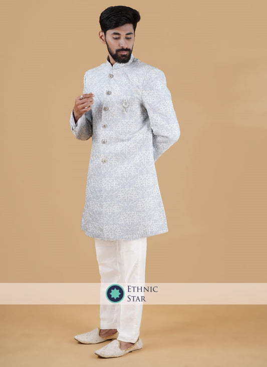 Thread Work Sky Blue Indowestern In Silk