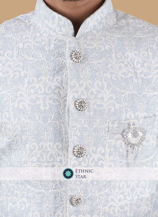 Thread Work Sky Blue Indowestern In Silk