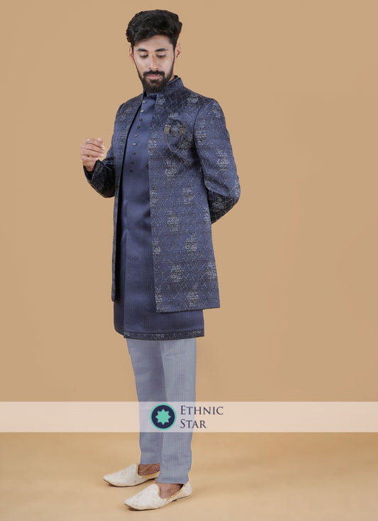 Wedding Wear Blue Jacket Style Indowestern Set