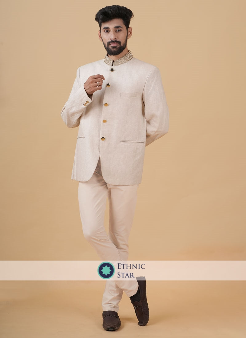 Beige Color Linen Fabric Jodhpuri Suit