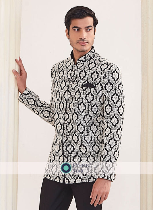 Mens Black Thread Embroidered Jodhpuri Suit