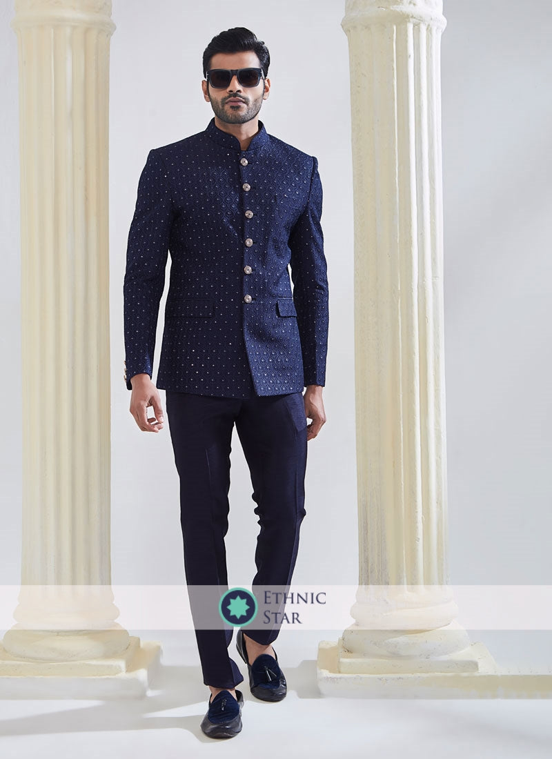 Blue Sequins Embroidered Jodhpuri Suit