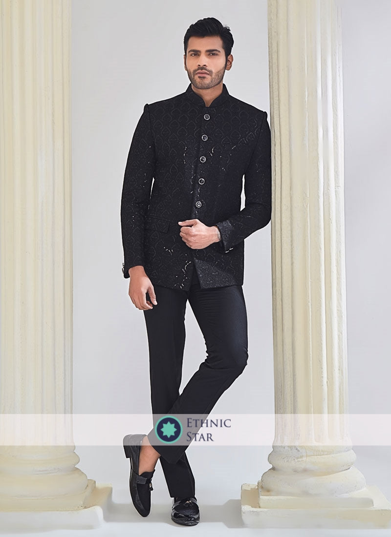 Sequins Embroidered Black Jodhpuri Suit