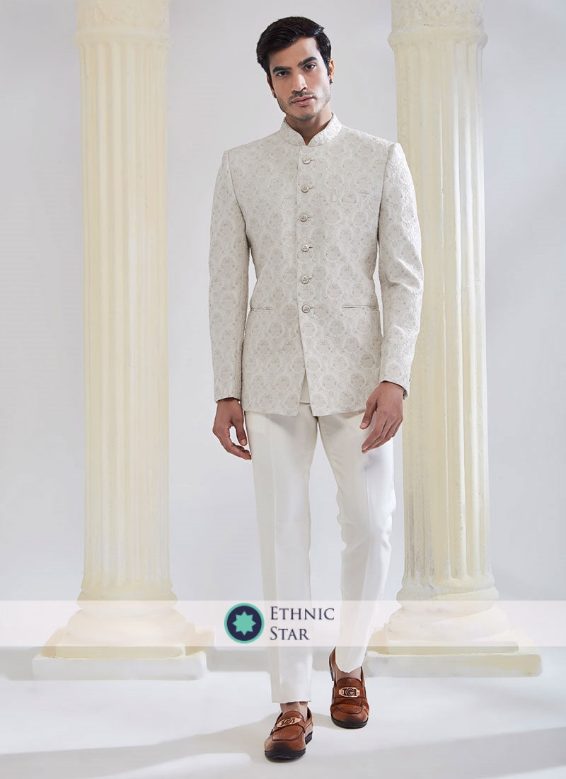 Cream Thread Embroidered Asymmetric Jodhpuri Suit