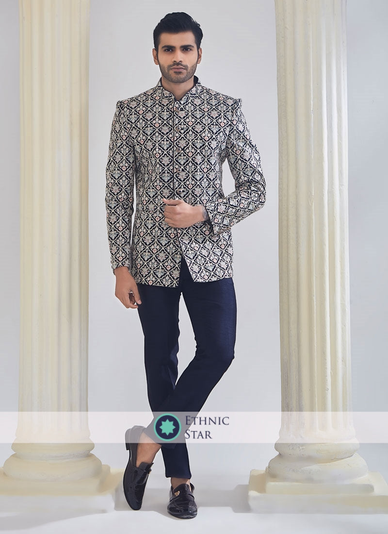 Navy Blue Thread Embroidered Jodhpuri Suit