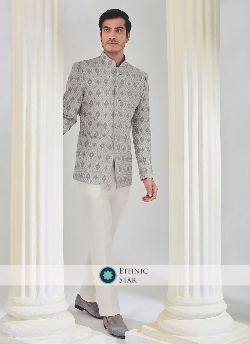 Wedding Wear Grey Thread Embroidered Jodhpuri Suit