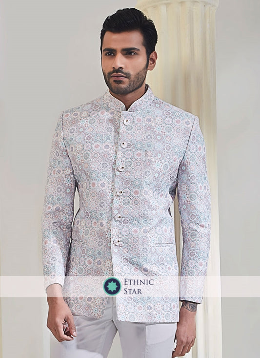 Mens Light Grey Thread Embroidered Jodhpuri Suit