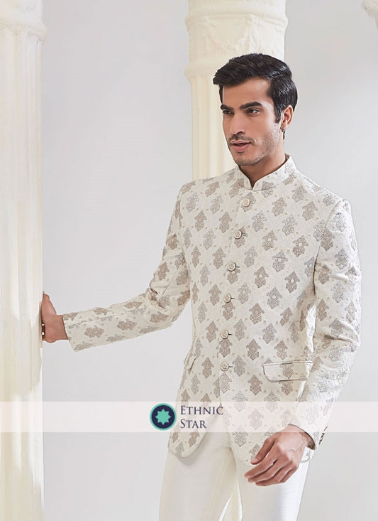 Embroidered Cream Silk Jodhpuri Suit