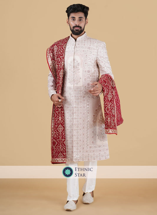 Light Pink Sherwani In Silk With Embroidered Work