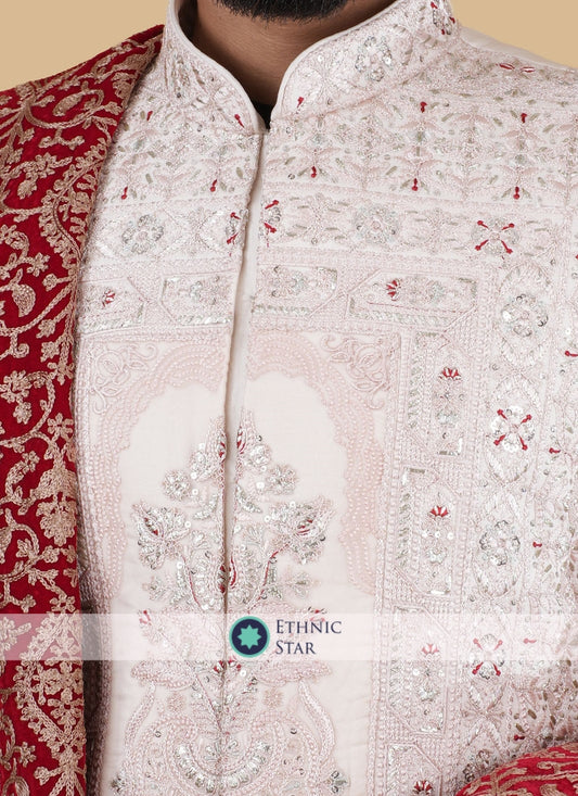 Light Pink Sherwani In Silk With Embroidered Work